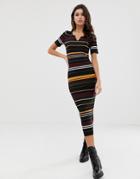 Asos Design Stripe Rib Midi Bodycon Dress With V Neck - Multi