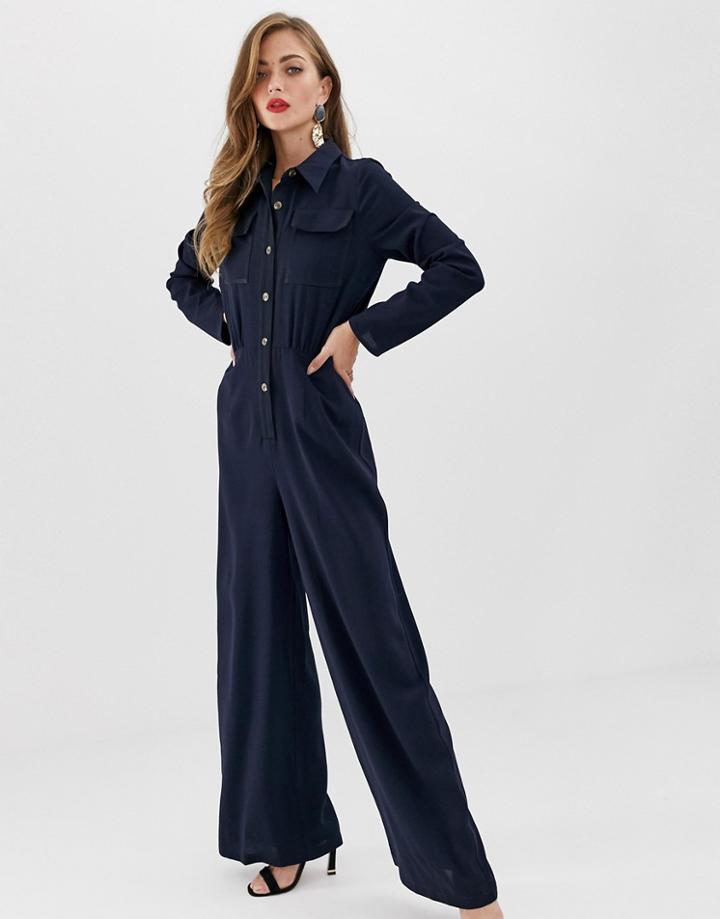 Asos Design Shirt Jumpsuit With Pocket Front And Stitching Detail-navy