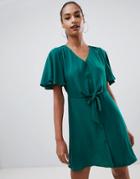 Prettylittlething Tie Waist Button Through Angel Sleeve Mini Dress In Emerald - Blue