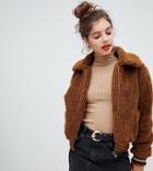 Bershka Fur Bomber Jacket In Brown