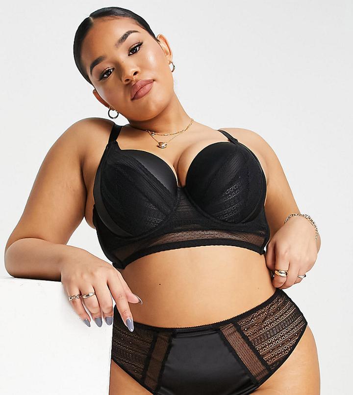Asos Design Curve Izzy Satin And Geo Mesh High-waist Knicker In Black