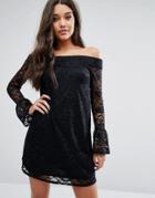 Lipsy Bardot Flutter Sleeve Allover Lace Dress - Black
