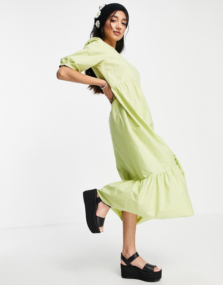 New Look Poplin Midi Dress In Lime Green