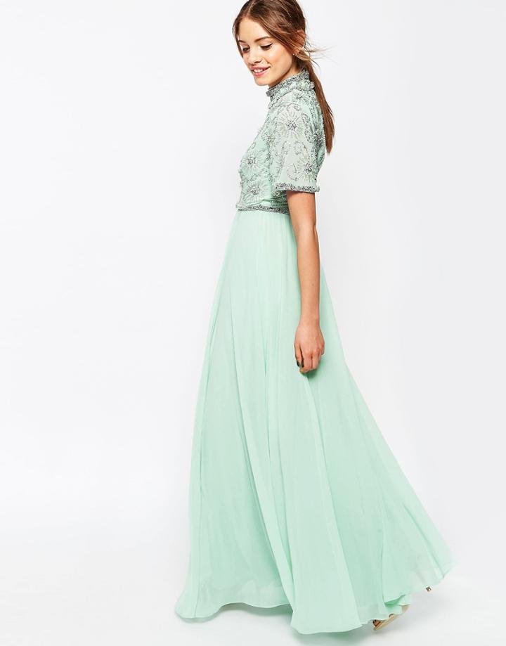 Asos High Neck All Over Embellished Bodice Maxi Dress - Mint