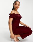 Hope & Ivy Bardot Velvet Midi Dress In Burgundy-red
