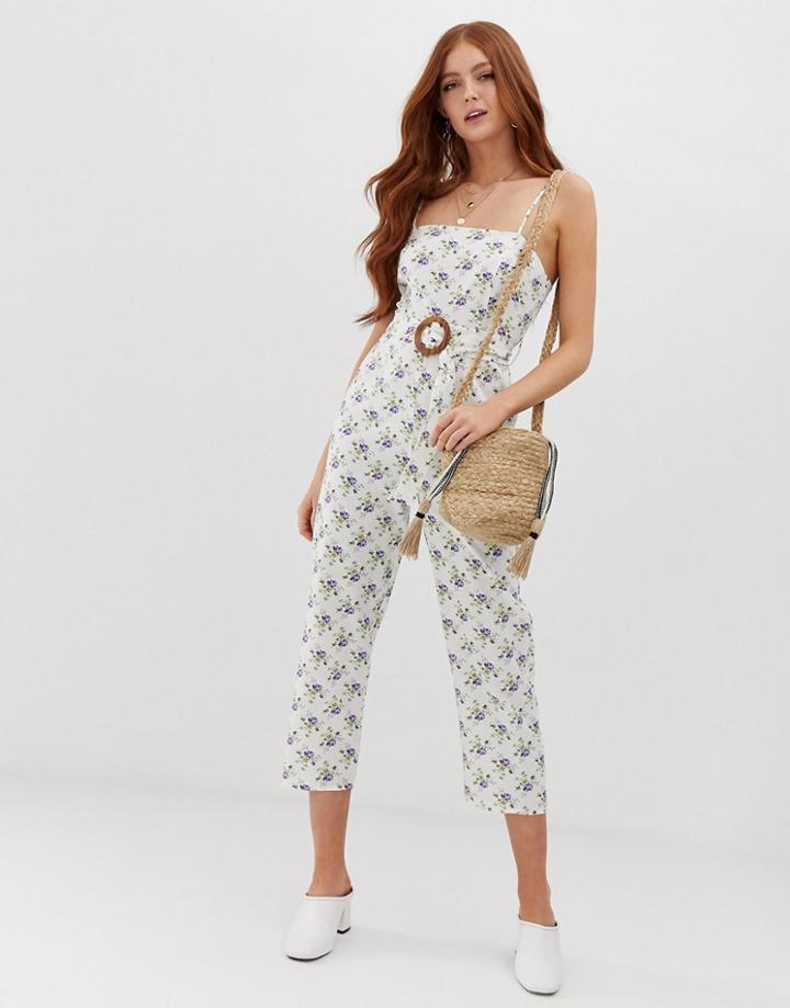 Asos Design Strappy Pinny Belted Jumpsuit In Floral Print - Multi