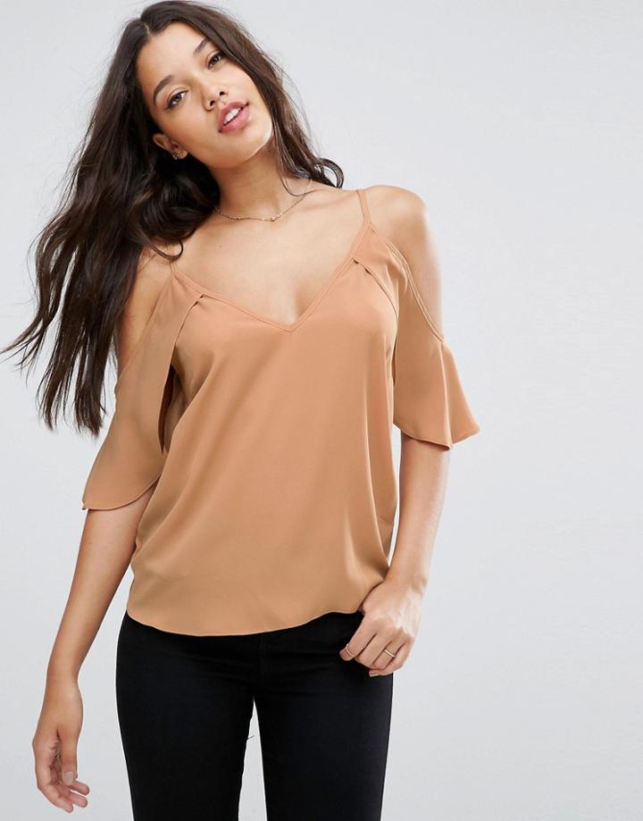 Asos Cold Shoulder Cami Top With Flutter Sleeve - Beige