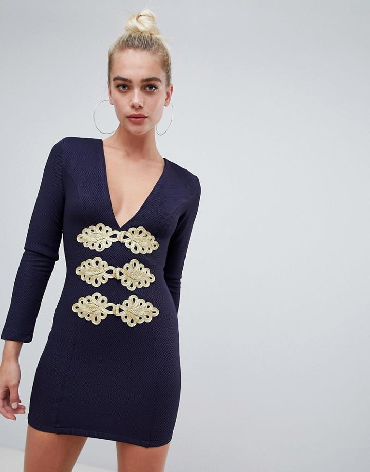 Rare London Braid Trim Bodycon Dress - Navy
