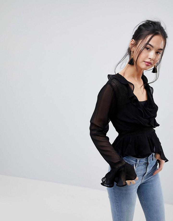 Asos Wrap Top With Ruffle And Lace Insert - Black