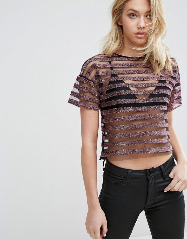 Mango Metallic And Mesh Stripe Top - Pink
