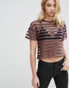 Mango Metallic And Mesh Stripe Top - Pink