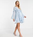 Asos Design Maternity Ruffle Mini Dress With Button Front And Lace Detail In Blue-blues