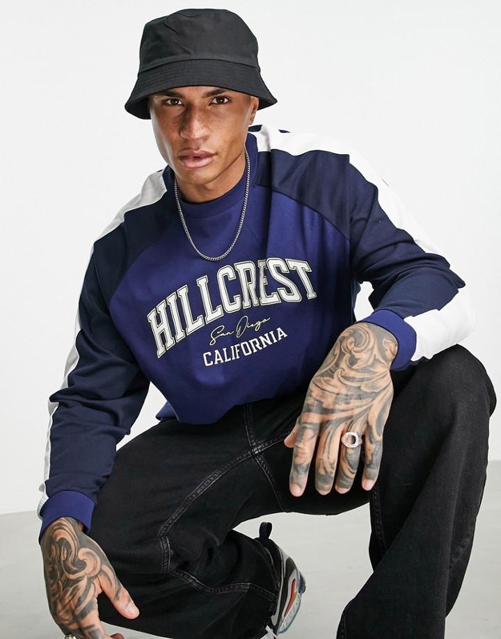 Asos Design Oversized Long Sleeve T-shirt In Navy Color Block With Hillcrest City Print