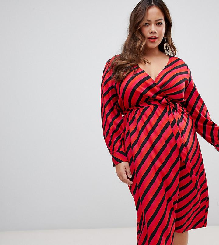 Influence Plus Wrap Midi Dress In Diagonal Stripe - Pink