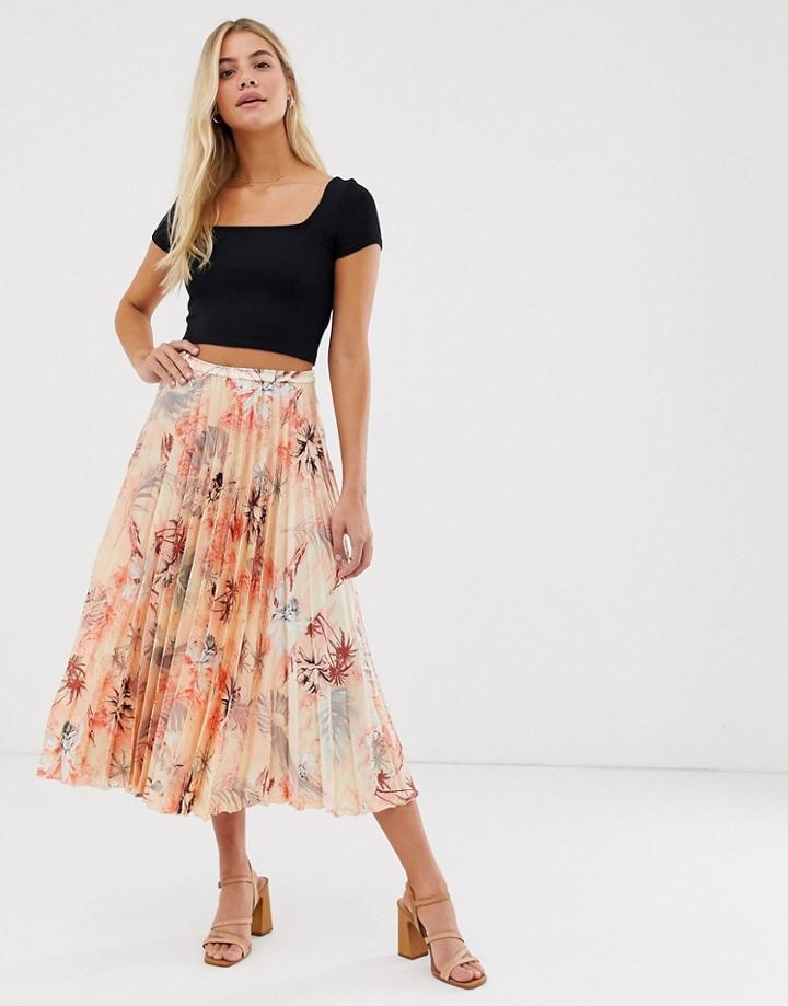 Asos Design Satin Pleated Midi Skirt In Hawaiian Floral - Multi