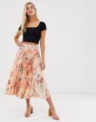 Asos Design Satin Pleated Midi Skirt In Hawaiian Floral - Multi