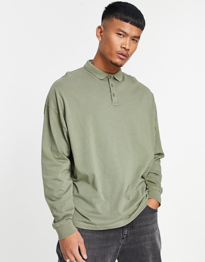 Asos Design Oversized Polo Long Sleeve T-shirt In Khaki Acid Wash-green