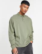 Asos Design Oversized Polo Long Sleeve T-shirt In Khaki Acid Wash-green