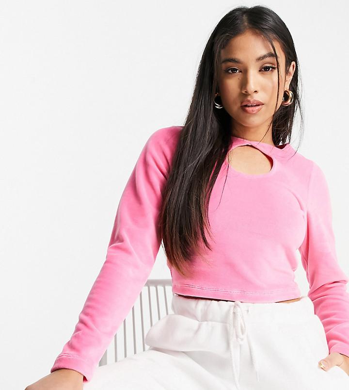 Asos Design Petite Top In Long Sleeve With Keyhole In Velour In Pink