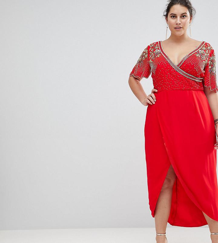 Virgos Lounge Plus Julisa Embellished Wrap Midi Dress - Red
