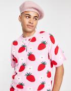 Asos Design Knitted T-shirt With Strawberry & Floral Design-pink