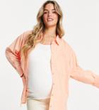 Asos Design Maternity Oversized Linen Shirt With Dip Hem In Apricot-orange
