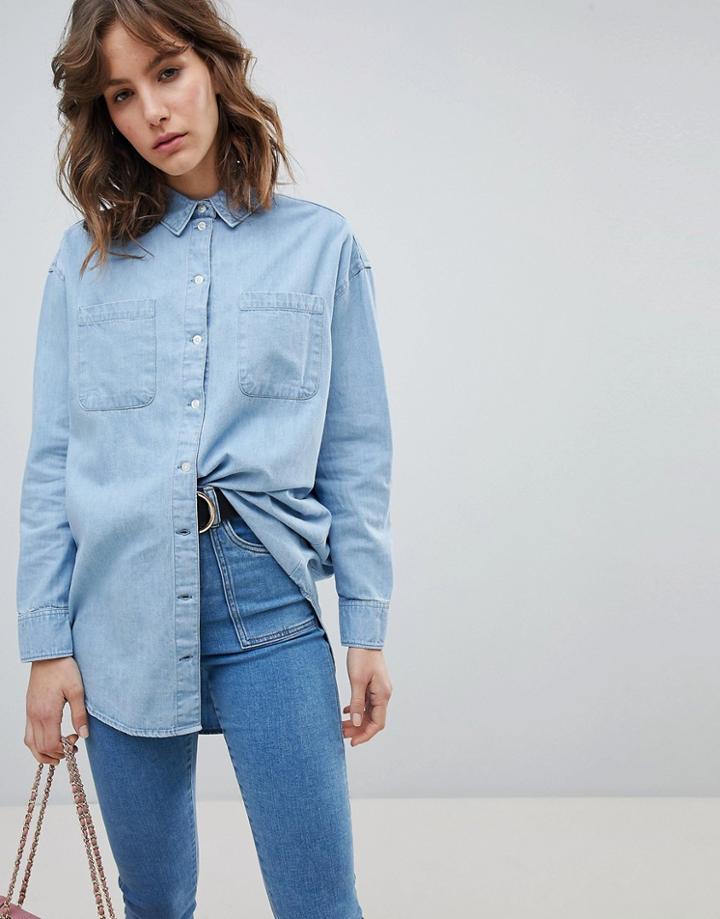 Asos Denim Oversized Shirt In Midwash Blue - Blue