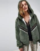 Native Rose Oversized Faux Fur Bomber With Hood And Embellishment Detail - Green