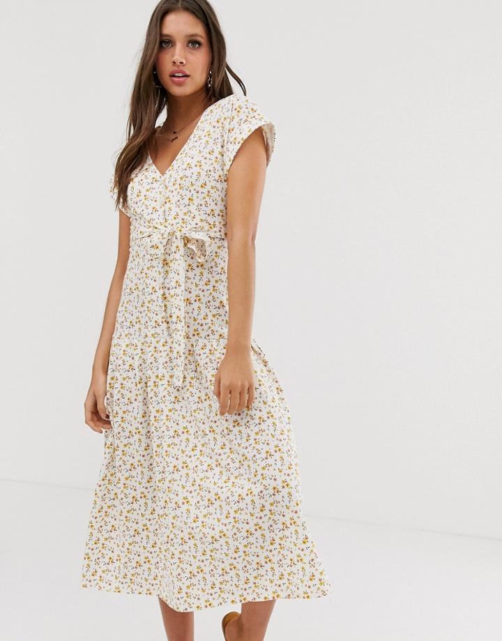 Asos Design Midi Button Through Belted Tea Dress With Drop Waist In Ditsy Floral-multi