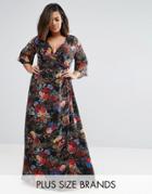 Koko Plus Wrap Maxi Dress With Kimono Sleeves In Floral Print - Black