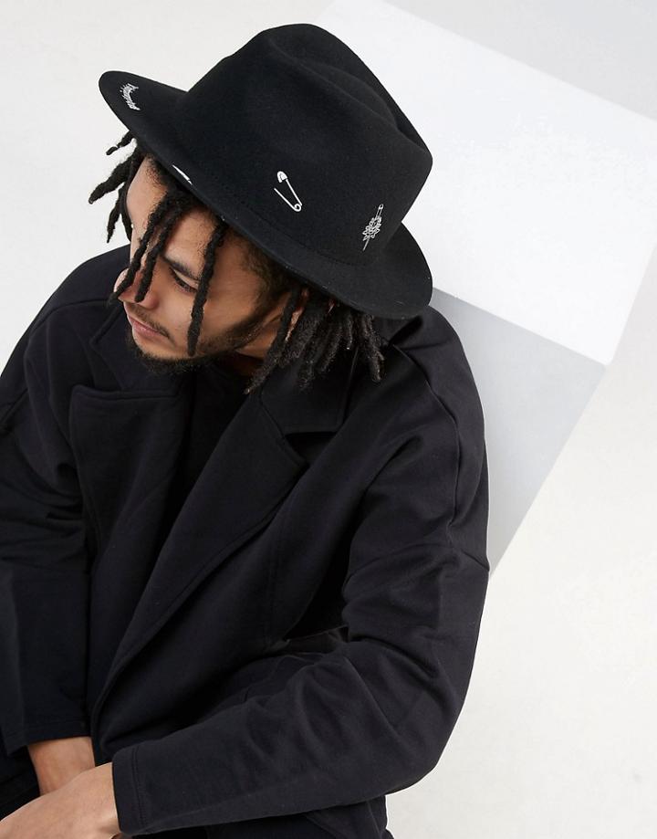 Asos Narrow Brim Fedora Hat With Print - Black