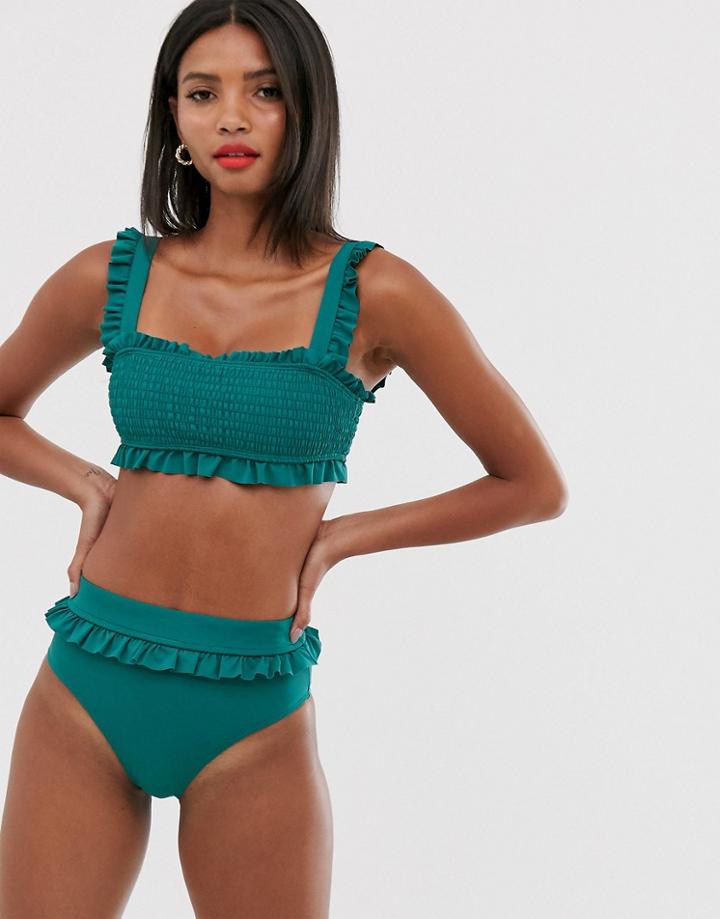 Unique21 Shirred Ruffle Trim Bikini Top-green