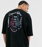 Asos Design Tall Oversized T-shirt With Half Sleeve And Tiger Neon Back Print - Black