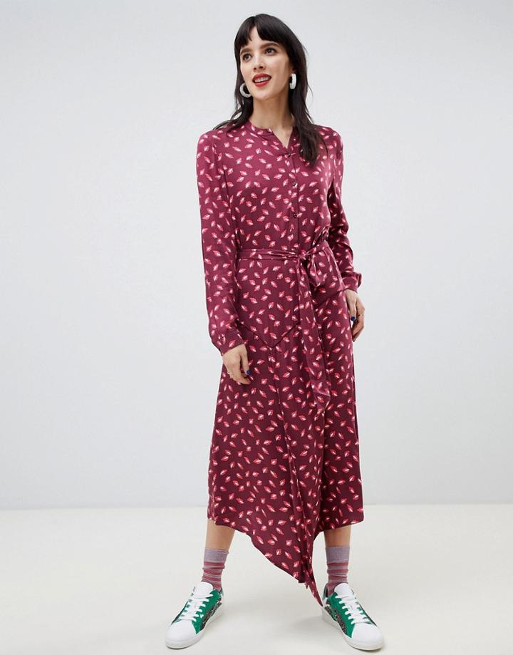 Custommade Buttondown Midi Dress In Leaf Print - Red