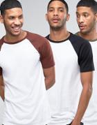 Asos 3 Pack Longline T-shirt With Contrast Raglan Sleeves Save - Multi