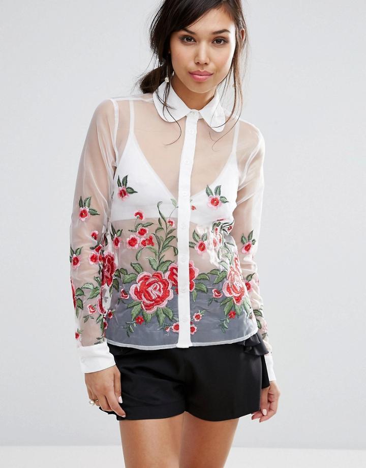 Fashion Union Sheer Shirt With Floral Embroidery - White
