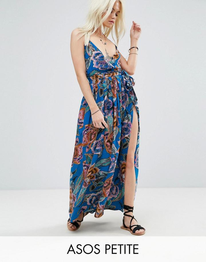 Asos Petite Woven Wrap Maxi Beach Dress In Oversized Bright Tapestry - Multi