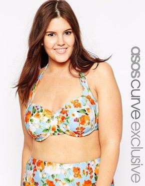Asos Curve Exclusive 50's Halter Bikini Top In Summer Rose Print - Multi
