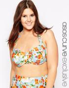 Asos Curve Exclusive 50's Halter Bikini Top In Summer Rose Print - Multi