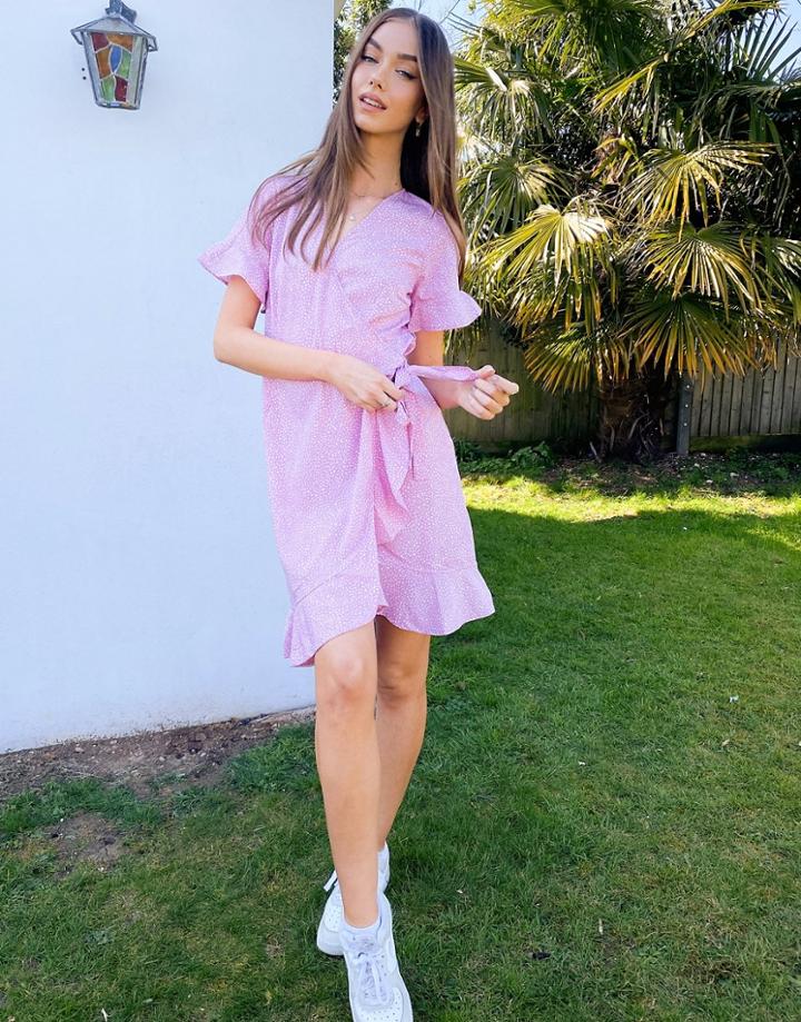 Vero Moda Wrap Frill Dress In Lilac Ditsy Floral-purple