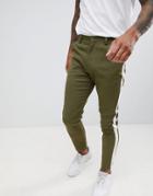 Boohooman Tapered Chinos With Side Stripe In Khaki - Green