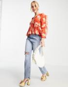 Asos Design V Neck Blouse With Frill Long Sleeve Detail In Red Print-multi