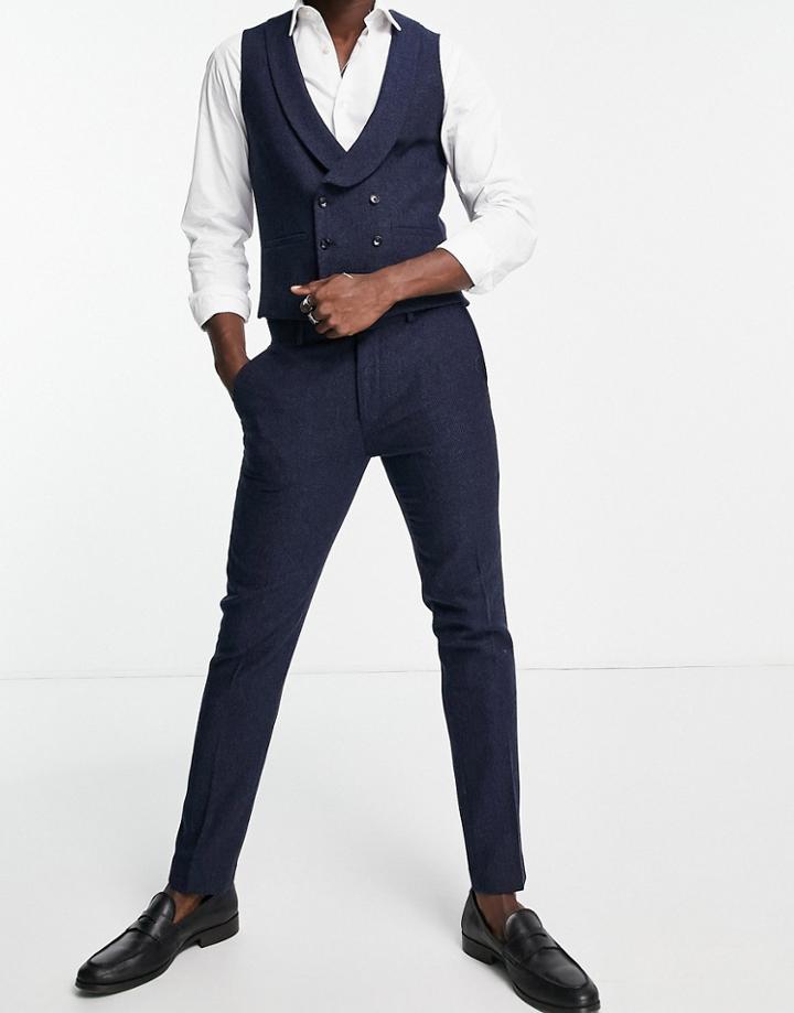 Topman Skinny Suit Pants In Blue Herringbone-blues