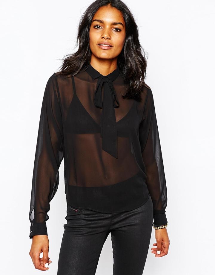 Diesel Button Back Chiffon Tie Neck Blouse - Black