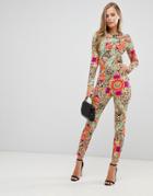 Flounce London Fitted Jumpsuit In Scarf Print-multi