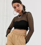 Collusion Crop Fishnet Top With Long Sleeve With Tab - Black