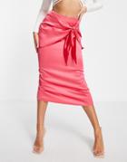 Asos Design Satin Wrap Midi Skirt With Knot Tie In Pink