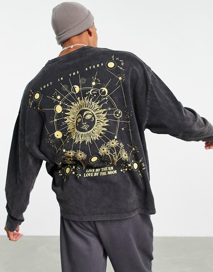 Asos Design Oversized Long Sleeve T-shirt In Washed Black Organic Cotton With Celestial Back Print