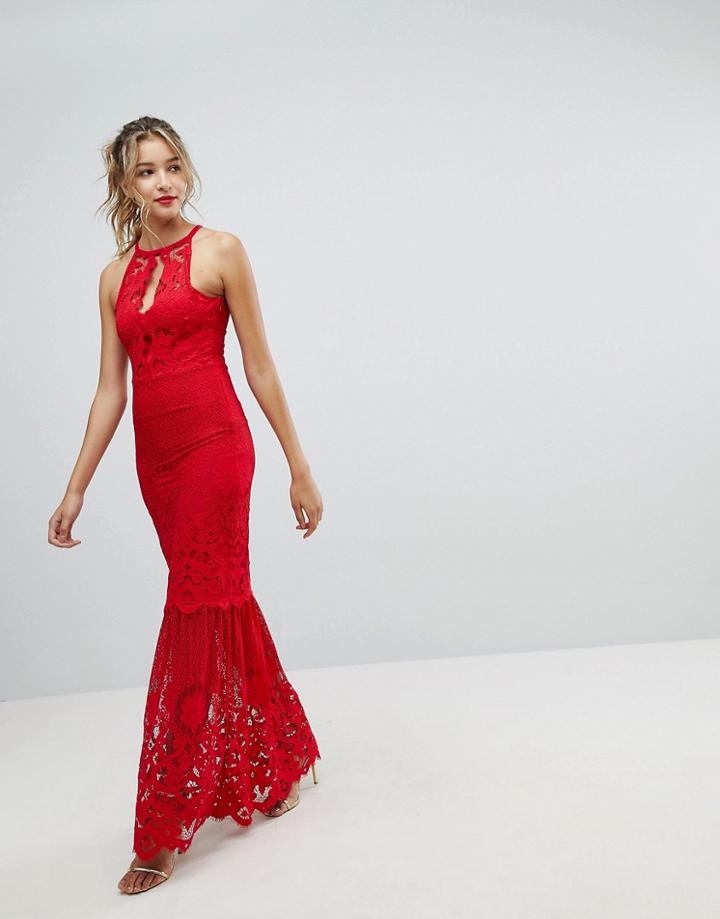 Lipsy Lace Fishtail Maxi Dress - Red