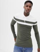 Asos Design Muscle Fit Long Sleeve Polo Shirt With Contrast Sleeve And Body Panels - Green